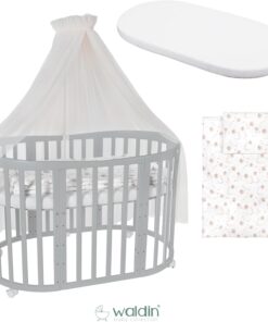 Waldin Oval Baby-Bett Mitwachsend Komplett Set 7in1, Gitterbett, Kinderbett mit Matratze, Wickelkommode, Beistellbett, Holz Weiß