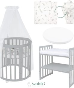 Waldin Oval Baby-Bett Mitwachsend Komplett Set 7in1, Gitterbett, Kinderbett mit Matratze, Wickelkommode, Beistellbett, Holz Weiß