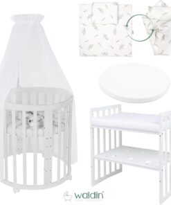Waldin Oval Baby-Bett Mitwachsend Komplett Set 7in1, Gitterbett, Kinderbett mit Matratze, Wickelkommode, Beistellbett, Holz Weiß