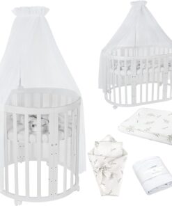 Waldin Oval Baby-Bett Mitwachsend Komplett Set 7in1, Gitterbett, Kinderbett mit Matratze, Wickelkommode, Beistellbett, Holz Weiß