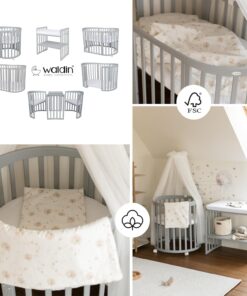 Waldin Oval Baby-Bett Mitwachsend Komplett Set 7in1, Gitterbett, Kinderbett mit Matratze, Wickelkommode, Beistellbett, Holz Weiß