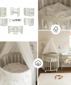 Waldin Oval Baby-Bett Mitwachsend Komplett Set 7in1, Gitterbett, Kinderbett mit Matratze, Wickelkommode, Beistellbett, Holz Weiß
