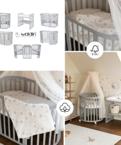 Waldin Oval Baby-Bett Mitwachsend Komplett Set 7in1, Gitterbett, Kinderbett mit Matratze, Wickelkommode, Beistellbett, Holz Weiß
