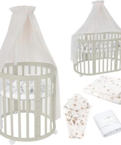 Waldin Oval Baby-Bett Mitwachsend Komplett Set 7in1, Gitterbett, Kinderbett mit Matratze, Wickelkommode, Beistellbett, Holz Weiß