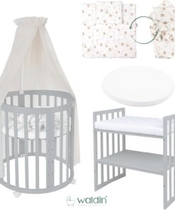 Waldin Oval Baby-Bett Mitwachsend Komplett Set 7in1, Gitterbett, Kinderbett mit Matratze, Wickelkommode, Beistellbett, Holz Weiß