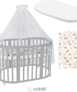 Waldin Oval Baby-Bett Mitwachsend Komplett Set 7in1, Gitterbett, Kinderbett mit Matratze, Wickelkommode, Beistellbett, Holz Weiß