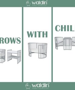 Waldin Oval Baby-Bett Mitwachsend Komplett Set 7in1, Gitterbett, Kinderbett mit Matratze, Wickelkommode, Beistellbett, Holz Weiß