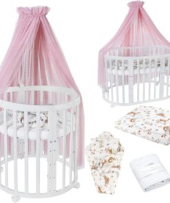Waldin Oval Baby-Bett Mitwachsend Komplett Set 7in1, Gitterbett, Kinderbett mit Matratze, Wickelkommode, Beistellbett, Holz Weiß