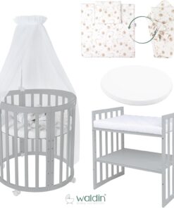 Waldin Oval Baby-Bett Mitwachsend Komplett Set 7in1, Gitterbett, Kinderbett mit Matratze, Wickelkommode, Beistellbett, Holz Weiß