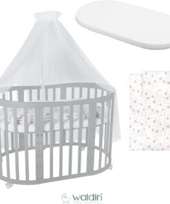 Waldin Oval Baby-Bett Mitwachsend Komplett Set 7in1, Gitterbett, Kinderbett mit Matratze, Wickelkommode, Beistellbett, Holz Weiß