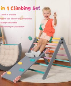 2026 Dreieck-Set mit Kissen, 5-in-1 Montessori-Kletterset, faltbar, Kletter-Indoor-Spielplatz-Set für Kleinkinder, Holz-Kletterspielzeug mit Rampe und Kletterbogen für Kinder (Holzfarbe)