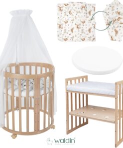 Waldin Oval Baby-Bett Mitwachsend Komplett Set 7in1, Gitterbett, Kinderbett mit Matratze, Wickelkommode, Beistellbett, Holz Weiß