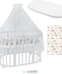 Waldin Oval Baby-Bett Mitwachsend Komplett Set 7in1, Gitterbett, Kinderbett mit Matratze, Wickelkommode, Beistellbett, Holz Weiß