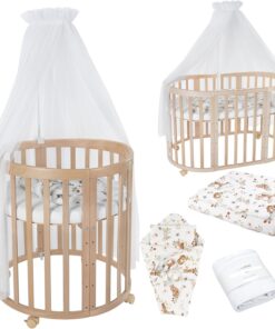 Waldin Oval Baby-Bett Mitwachsend Komplett Set 7in1, Gitterbett, Kinderbett mit Matratze, Wickelkommode, Beistellbett, Holz Weiß