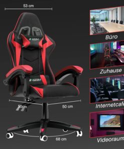 2026 Bigzzia Gaming-Stuhl, Bürostuhl, Liegestuhl, hohe Rückenlehne, Leder, verstellbar, drehbar, rollbar, ergonomisch, Videospiel-Stühle, Rennstuhl, Computer-Schreibtischstuhl mit Kopfstütze und Lendenwirbelstütze (Schwarz/Rot)