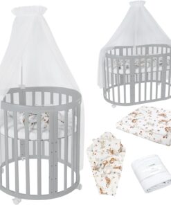 Waldin Oval Baby-Bett Mitwachsend Komplett Set 7in1, Gitterbett, Kinderbett mit Matratze, Wickelkommode, Beistellbett, Holz Weiß
