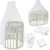 Waldin Oval Baby-Bett Mitwachsend Komplett Set 7in1, Gitterbett, Kinderbett mit Matratze, Wickelkommode, Beistellbett, Holz Weiß
