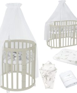 Waldin Oval Baby-Bett Mitwachsend Komplett Set 7in1, Gitterbett, Kinderbett mit Matratze, Wickelkommode, Beistellbett, Holz Weiß
