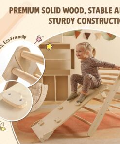 2026 Dreieck-Set mit Kissen, 5-in-1 Montessori-Kletterset, faltbar, Kletter-Indoor-Spielplatz-Set für Kleinkinder, Holz-Kletterspielzeug mit Rampe und Kletterbogen für Kinder (Holzfarbe)