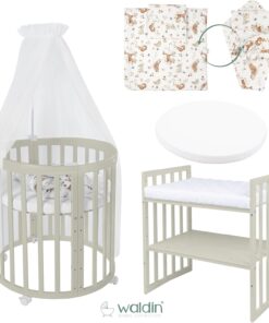 Waldin Oval Baby-Bett Mitwachsend Komplett Set 7in1, Gitterbett, Kinderbett mit Matratze, Wickelkommode, Beistellbett, Holz Weiß