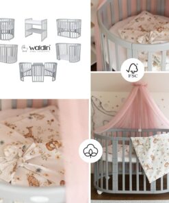 Waldin Oval Baby-Bett Mitwachsend Komplett Set 7in1, Gitterbett, Kinderbett mit Matratze, Wickelkommode, Beistellbett, Holz Weiß