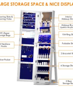 2026 LVSOMT 360° drehbarer LED-Schmuckschrank mit Ganzkörperspiegel, großer Schmuckschrank, verschließbarer Standspiegel, Schmuck-Organizer mit innerem Schminkspiegel und weichem Samt für Wohnzimmer und Schlafzimmer