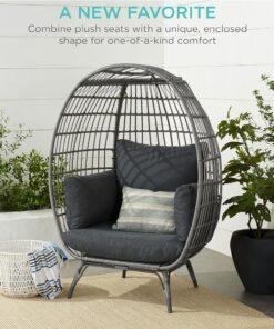 2026 Best Choice Products Korbsessel „Eierstuhl“, übergroße Liege für drinnen und draußen für Terrasse, Garten, Wohnzimmer mit 4 Kissen, Stahlrahmen, 200 kg Tragkraft, Elfenbein