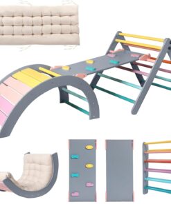 2026 Dreieck-Set mit Kissen, 5-in-1 Montessori-Kletterset, faltbar, Kletter-Indoor-Spielplatz-Set für Kleinkinder, Holz-Kletterspielzeug mit Rampe und Kletterbogen für Kinder (Holzfarbe)