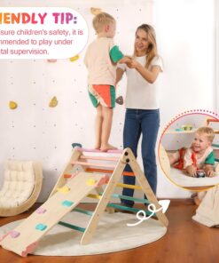 2026 Dreieck-Set mit Kissen, 5-in-1 Montessori-Kletterset, faltbar, Kletter-Indoor-Spielplatz-Set für Kleinkinder, Holz-Kletterspielzeug mit Rampe und Kletterbogen für Kinder (Holzfarbe)