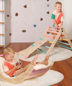 2026 Dreieck-Set mit Kissen, 5-in-1 Montessori-Kletterset, faltbar, Kletter-Indoor-Spielplatz-Set für Kleinkinder, Holz-Kletterspielzeug mit Rampe und Kletterbogen für Kinder (Holzfarbe)