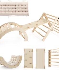2026 Dreieck-Set mit Kissen, 5-in-1 Montessori-Kletterset, faltbar, Kletter-Indoor-Spielplatz-Set für Kleinkinder, Holz-Kletterspielzeug mit Rampe und Kletterbogen für Kinder (Holzfarbe)