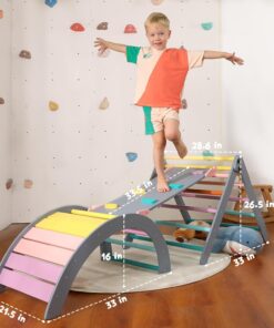 2026 Dreieck-Set mit Kissen, 5-in-1 Montessori-Kletterset, faltbar, Kletter-Indoor-Spielplatz-Set für Kleinkinder, Holz-Kletterspielzeug mit Rampe und Kletterbogen für Kinder (Holzfarbe)