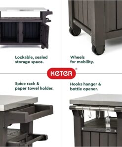 2026 2026 Keter Unity XL Mobiler Patio-Wagen – Wetterfester Außenküchentisch mit Edelstahl-Arbeitsfläche, Abschließbarem Stauraum & Zubehör
