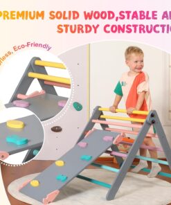 2026 Dreieck-Set mit Kissen, 5-in-1 Montessori-Kletterset, faltbar, Kletter-Indoor-Spielplatz-Set für Kleinkinder, Holz-Kletterspielzeug mit Rampe und Kletterbogen für Kinder (Holzfarbe)
