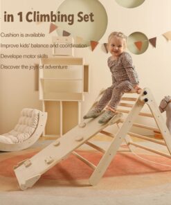 2026 Dreieck-Set mit Kissen, 5-in-1 Montessori-Kletterset, faltbar, Kletter-Indoor-Spielplatz-Set für Kleinkinder, Holz-Kletterspielzeug mit Rampe und Kletterbogen für Kinder (Holzfarbe)