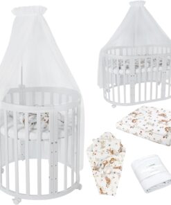 Waldin Oval Baby-Bett Mitwachsend Komplett Set 7in1, Gitterbett, Kinderbett mit Matratze, Wickelkommode, Beistellbett, Holz Weiß
