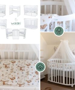 Waldin Oval Baby-Bett Mitwachsend Komplett Set 7in1, Gitterbett, Kinderbett mit Matratze, Wickelkommode, Beistellbett, Holz Weiß