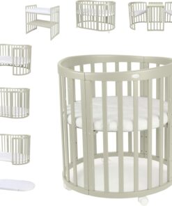Waldin Oval Baby-Bett Mitwachsend Komplett Set 7in1, Gitterbett, Kinderbett mit Matratze, Wickelkommode, Beistellbett, Holz Weiß