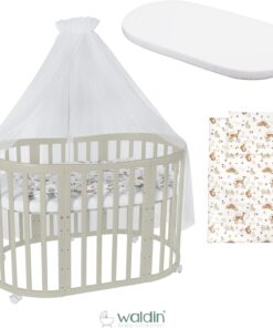 Waldin Oval Baby-Bett Mitwachsend Komplett Set 7in1, Gitterbett, Kinderbett mit Matratze, Wickelkommode, Beistellbett, Holz Weiß