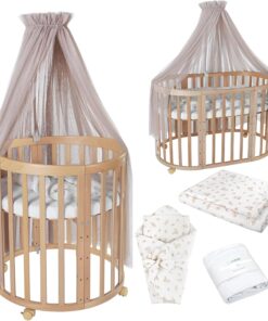 Waldin Oval Baby-Bett Mitwachsend Komplett Set 7in1, Gitterbett, Kinderbett mit Matratze, Wickelkommode, Beistellbett, Holz Weiß
