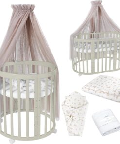 Waldin Oval Baby-Bett Mitwachsend Komplett Set 7in1, Gitterbett, Kinderbett mit Matratze, Wickelkommode, Beistellbett, Holz Weiß