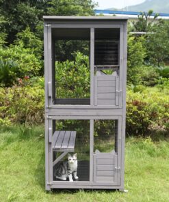 Katzenhaus Outdoor Catio Kitty Gehege mit super großer Eingangstür, Holz-Katzenkäfig Condo Indoor-Laufstall mit Plattformen und kleinem Haus