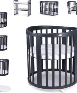 Waldin Oval Baby-Bett Mitwachsend Komplett Set 7in1, Gitterbett, Kinderbett mit Matratze, Wickelkommode, Beistellbett, Holz Weiß