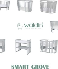 Waldin Oval Baby-Bett Mitwachsend Komplett Set 7in1, Gitterbett, Kinderbett mit Matratze, Wickelkommode, Beistellbett, Holz Weiß