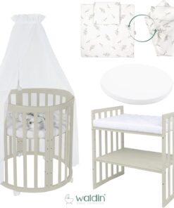 Waldin Oval Baby-Bett Mitwachsend Komplett Set 7in1, Gitterbett, Kinderbett mit Matratze, Wickelkommode, Beistellbett, Holz Weiß