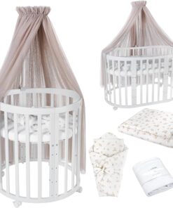 Waldin Oval Baby-Bett Mitwachsend Komplett Set 7in1, Gitterbett, Kinderbett mit Matratze, Wickelkommode, Beistellbett, Holz Weiß