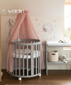 Waldin Oval Baby-Bett Mitwachsend Komplett Set 7in1, Gitterbett, Kinderbett mit Matratze, Wickelkommode, Beistellbett, Holz Weiß