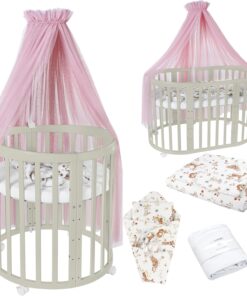 Waldin Oval Baby-Bett Mitwachsend Komplett Set 7in1, Gitterbett, Kinderbett mit Matratze, Wickelkommode, Beistellbett, Holz Weiß