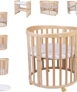 Waldin Oval Baby-Bett Mitwachsend Komplett Set 7in1, Gitterbett, Kinderbett mit Matratze, Wickelkommode, Beistellbett, Holz Weiß