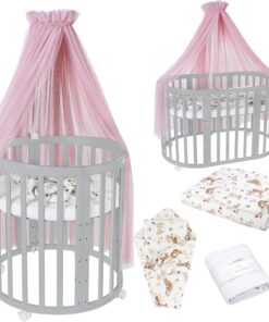 Waldin Oval Baby-Bett Mitwachsend Komplett Set 7in1, Gitterbett, Kinderbett mit Matratze, Wickelkommode, Beistellbett, Holz Weiß